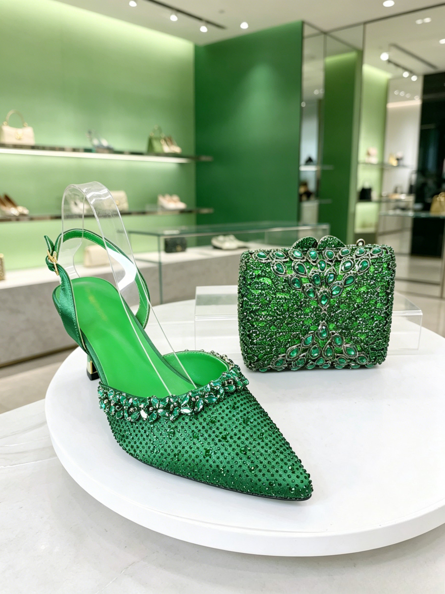 Luxury Bags And Shoes - Bright Emerald Green Full Rhinestone Pointed